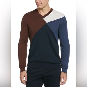 Perry Ellis V-Neck Colorblock Sweater - Brown, Navy, and White